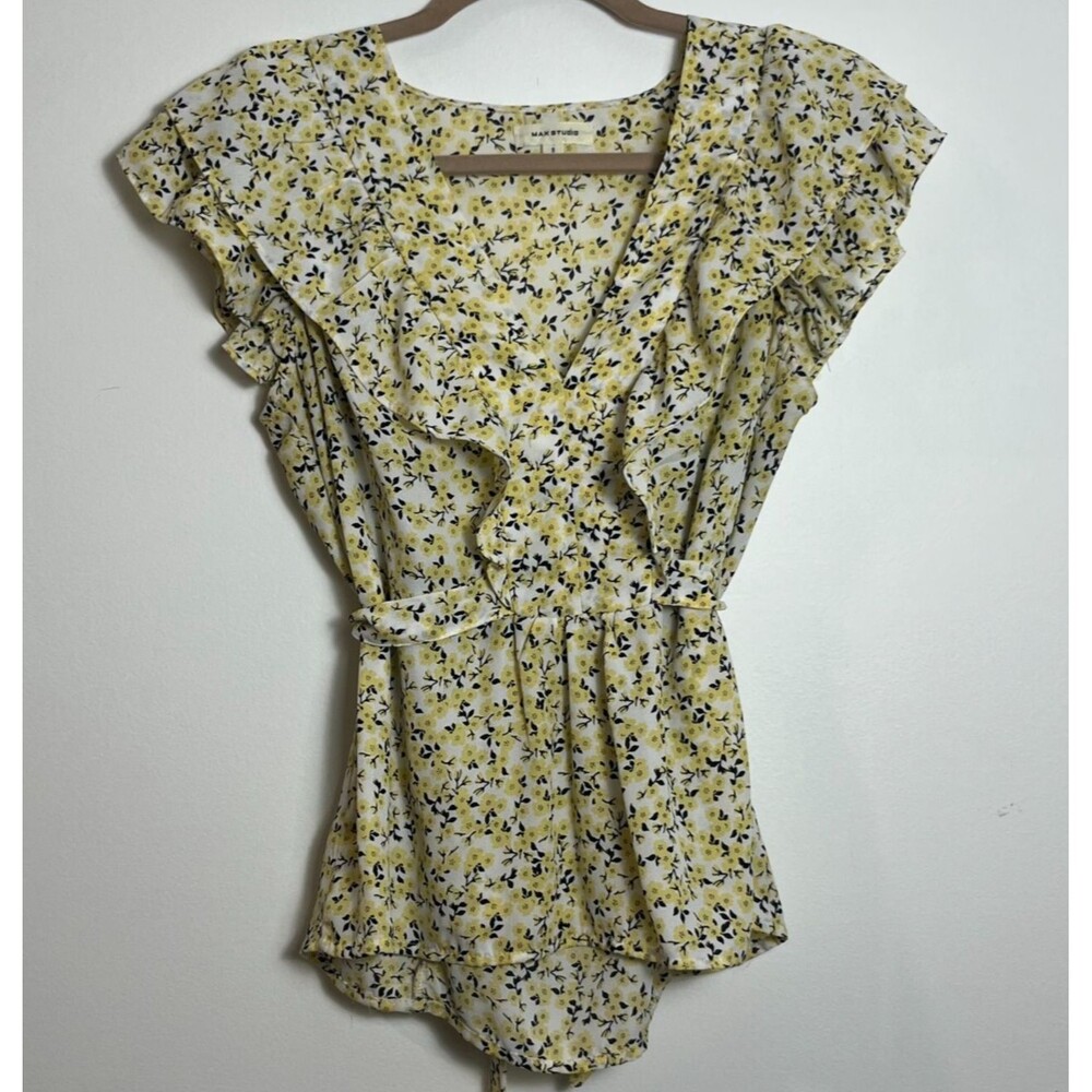 Max Studio Yellow Floral Ruffle Flutter Sleeve Waist Tie Chiffon Blouse Size S